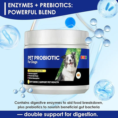 Probiotics for Dogs with Digestive Enzymes & Prebiotics - Diarrhoea Relief, Gut Health Support, Immune & Anti-Itch Function, Chicken Flavor, 120 Chews