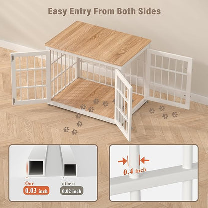 rehomerance 32 Inch Heavy Duty Dog Crate Furniture for Medium and Small Dogs, Decorative Pet House End Table, Wooden Cage Kennel Furniture Indoor, Natural and White
