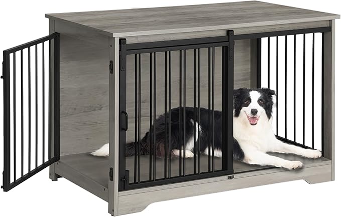 Hzuaneri 39.4" Heavy Duty Dog Crate Furniture with Barn Door, Wood Indoor Dog Crate Kennel for Small/Medium/Large Dogs, End Side Table, TV Stand, Greige Black DFC02305B