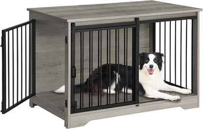Hzuaneri 39.4" Heavy Duty Dog Crate Furniture with Barn Door, Wood Indoor Dog Crate Kennel for Small/Medium/Large Dogs, End Side Table, TV Stand, Greige Black DFC02305B