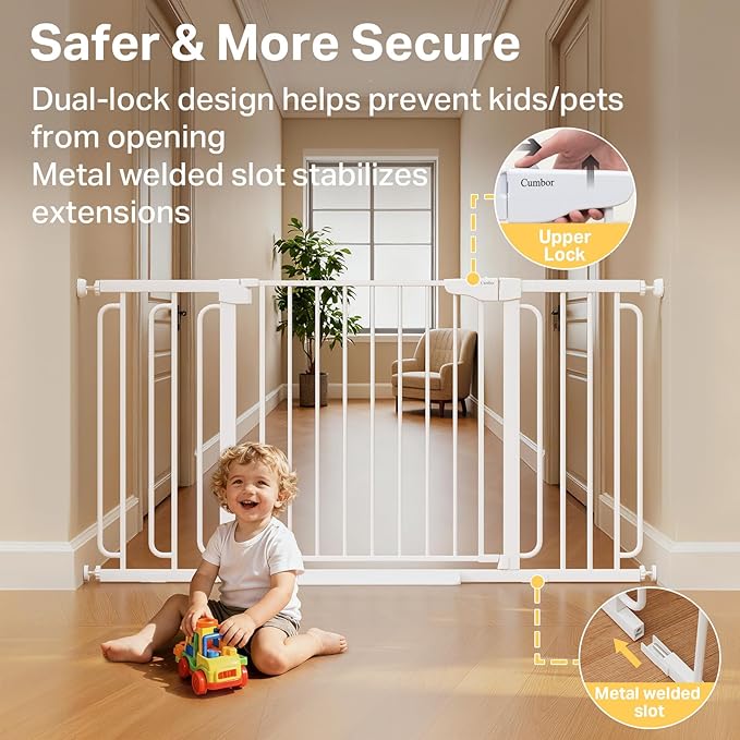 Cumbor Extra Wide Baby & Pet Gate Set, 29.7-51.5" & 36.6-59" Gates with Dual-Lock, Auto-Close, One-Hand Operation for Stairs, Hallways & Doorways