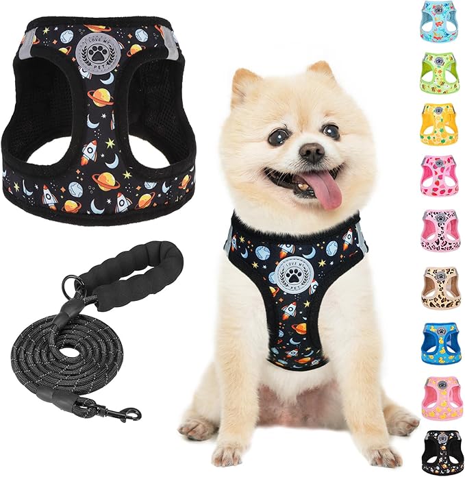 BEAUTYZOO Dog Harness Medium Sized and Leash Set, Step-in Soft Padded Mesh Puppy Vest, Reflective Dog Harness No Pull No Choke, Breathable Easy Walking Vest Harnesses for Girl Boy Pets, Black Planet M