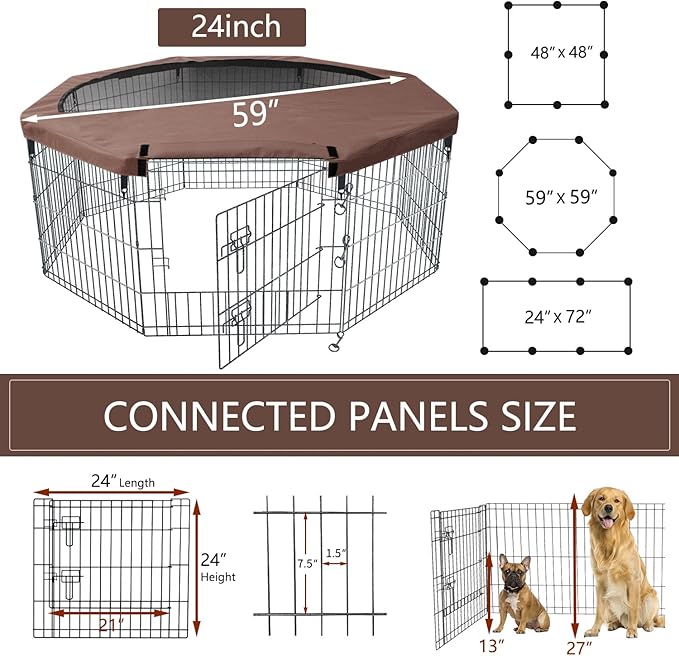 NEZUC Foldable Metal Dog Exercise Playpen Gate Fence Dog Crate 8 Panels 24 Inch Height Puppy Kennels with Top Cover/Bottom Pad for Animals Outdoor Indoor (Playpen+Top Cover, Brown, 24" H)
