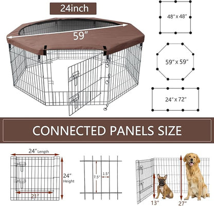 NEZUC Foldable Metal Dog Exercise Playpen Gate Fence Dog Crate 8 Panels 24 Inch Height Puppy Kennels with Top Cover/Bottom Pad for Animals Outdoor Indoor (Playpen+Top Cover, Brown, 24" H)
