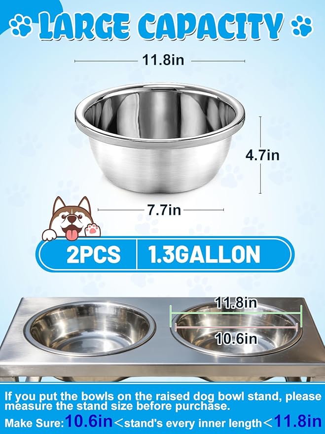 2Pcs 1.3 Gallons Large Dog Bowls - Food Grade Stainless Steel Metal Water Bowl, Ample Capacity & Easy to Clean Food Bowls for Large X-Large Dogs Indoor Outdoor
