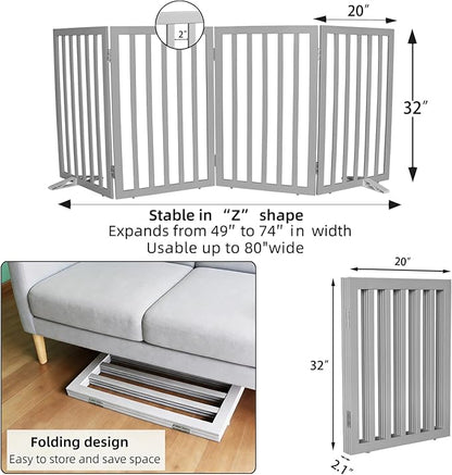 ZJSF Freestanding Indoor Dog Gate for House Foldable Wood Puppy Gate for Doorways Pet Gate for Stairs Extra Wide Pet Fence, Grey, 32" Height 4 Panels
