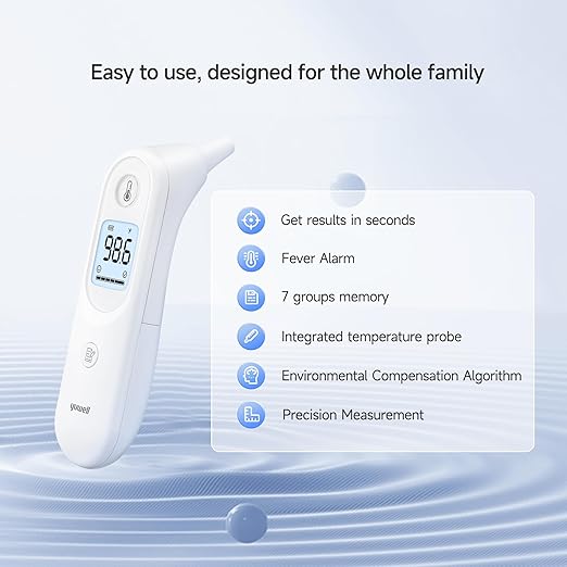yuwell Digital Thermometer for Adults and Kids | Medical Graded Ear Thermometer, Baby and Kid Friendly | Measurement in Seconds, High Temperature Alert, Large Display, 7 Reading Storage