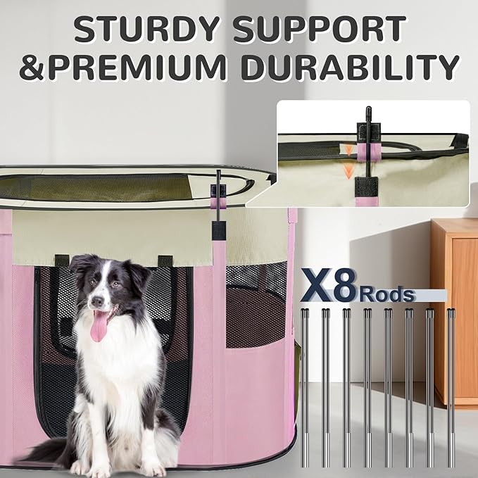 Portable Dog Cat Playpen with Waterproof Pad,Collapsible Pet Puppy Kitten Crate,Foldable Small Animals Kennel Cage for Indoor Outdoor Travel Camping,Water-Resistant Breathable Shade Cover (Pink M)