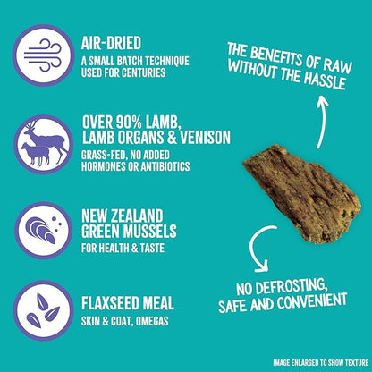 RawTernative Air Dried Dog Food, High Protein, Over 90% Real Lamb, Organs, & Venison + New Zealand Green Mussels, Complete Meal or Topper, Grain Free, Gluten Free, Non GMO, (5 lb Bag)