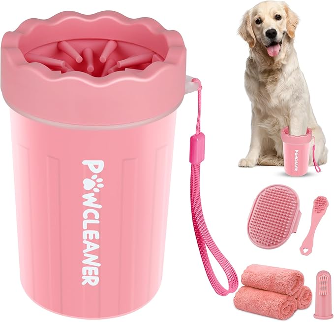 Professional 7 in 1 Dog Paw Cleaner for Dogs - Includes 1 Portable Paw Washer, 1 Bath Brush, 2 Dog Toothbrushes and 3 Absorbent Towels Note: Fits Paws 1.5 to 2.5 Inches Wide (Medium, Light Pink)