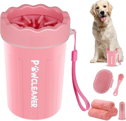Professional 7 in 1 Dog Paw Cleaner for Dogs - Includes 1 Portable Paw Washer, 1 Bath Brush, 2 Dog Toothbrushes and 3 Absorbent Towels Note: Fits Paws 1.5 to 2.5 Inches Wide (Medium, Light Pink)