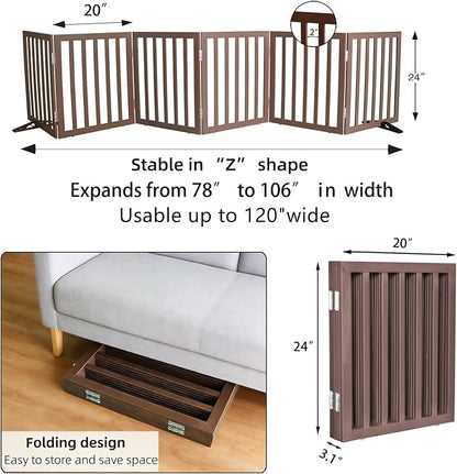 ZJSF Freestanding Indoor Dog Gate for House Foldable Wood Puppy Gate for Doorways Pet Gate for Stairs Extra Wide Pet Fence, Brown, 24" Height 6 Panels