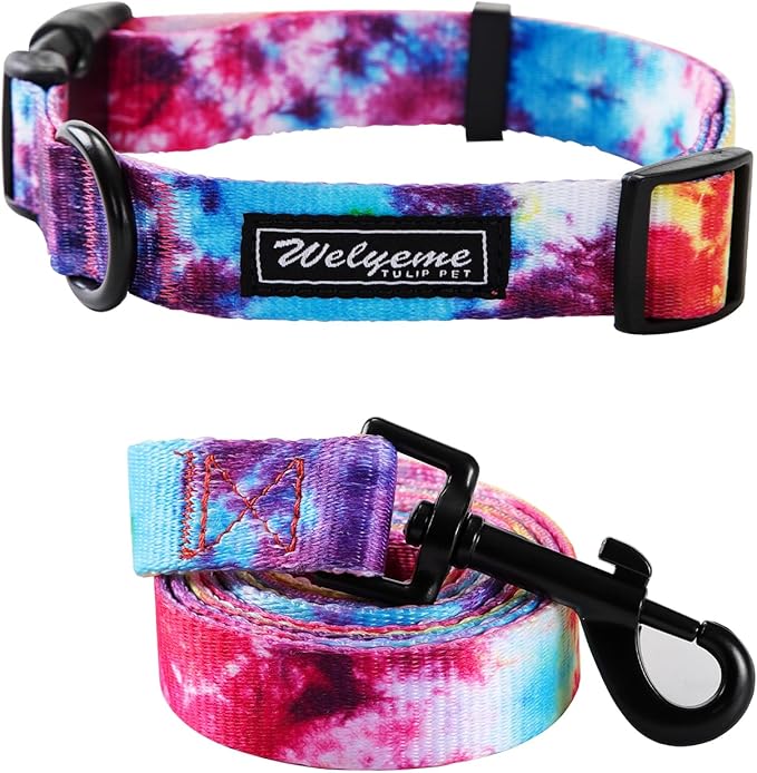 Tie Dye Dog Collar Pet Funny Dog Leash Set for Small Medium Large Dogs Tie Dye Collars (S(9.8'' - 12''))