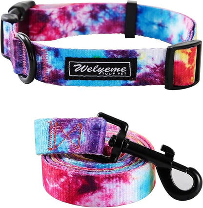 Tie Dye Dog Collar Pet Funny Dog Leash Set for Small Medium Large Dogs Tie Dye Collars (S(9.8'' - 12''))