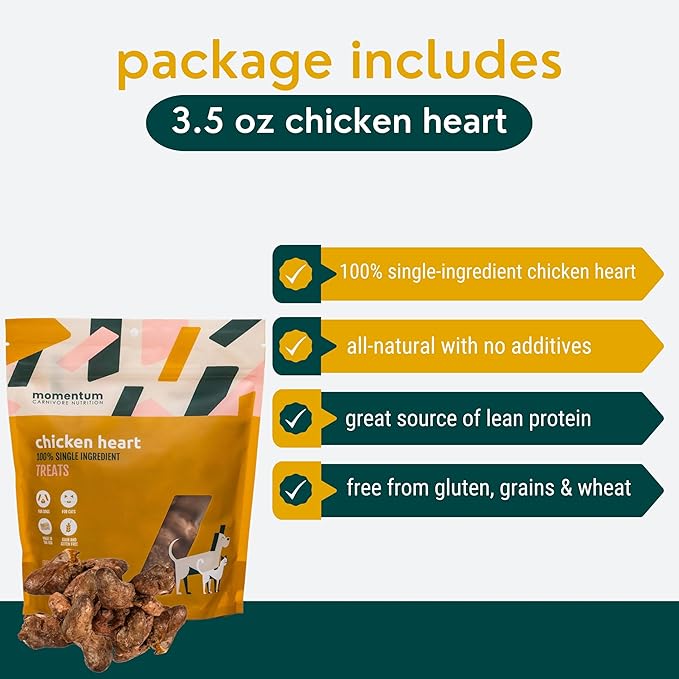 Momentum Carnivore Nutrition Freeze-Dried Chicken Heart Dog Treats & Cat Treats – Single-Ingredient, High-Protein, Grain-Free, Naturally Nutrient-Rich – Made in USA – 3.5 oz Bag