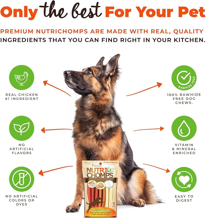 Nutri Chomps Dog Chews, 5-inch Twists, Easy to Digest, Rawhide-Free Dog Treats, 15 Count, Real Chicken, Peanut Butter and Milk flavors