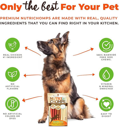 Nutri Chomps Dog Chews, 5-inch Twists, Easy to Digest, Rawhide-Free Dog Treats, 15 Count, Real Chicken, Peanut Butter and Milk flavors