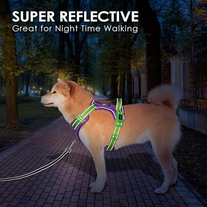 PHOEPET No Pull Dog Harness, Unique Colors Reflective Adjustable Dog Vest, with Soft Training Handle Metal Clips for Small Medium Large Dogs (Purple Base & Green Straps,L)