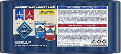 Blue Buffalo Homestyle Recipe Adult Wet Dog Food,Made with Natural Ingredients,Chicken and Beef Dinner Variety Pack,12.5-oz Cans,(Pack of 12)