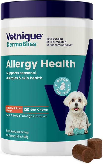 Vetnique DermaBliss Dog Allergy Chews for Seasonal Allergy Itch Relief, Skin & Gut Health with Probiotics and Omega 3 Blend - Advanced or Regular Strength (120ct, Regular Strength Chews)