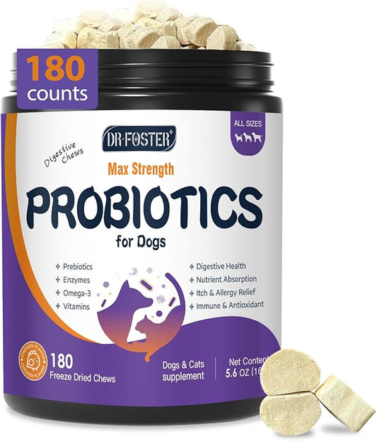 DRFOSTER Probiotics for Dogs, Freeze-Dried Dog Probiotics and Digestive Enzymes, Plus Omega-3 for Itchy Skin, Prebiotics for Digestive Health, Dog Vitamins and Supplements for Immune Health, 180 Bites