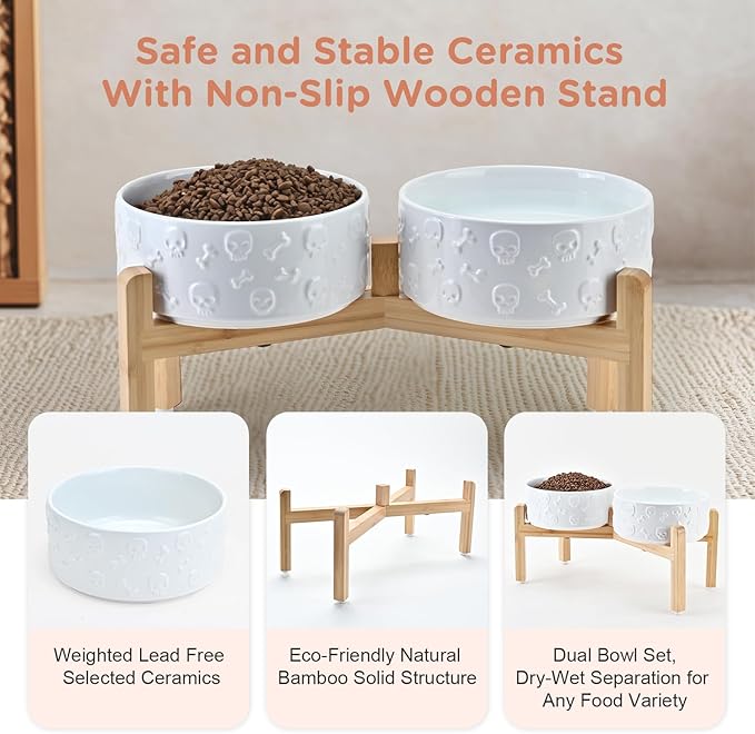 SPUNKYJUNKY Elevated Dog Bowls Ceramic, 7.3'' Dogs Food Water Bowls Raised with Non-Slip Bamboo Stand for Medium to Large Sized Breed Microwave Dishwasher Safe - 42 OZ,Skull White