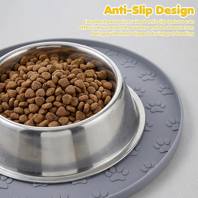 Silicone Pet Food Mat, Dog Dish Mat, Dog Cat Food Mats Small, Silicone Mats for Dogs Bowls, Waterproof Non-Slip Dogs Cat Water Bowl Placemat with Raised Edge, Gray
