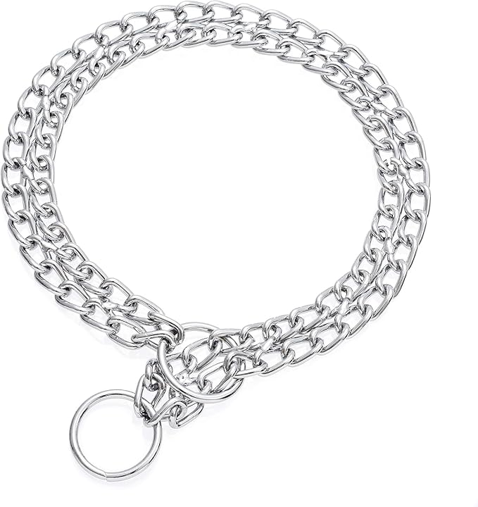 Silver Dog Choker Chain, Double Row Martingale Chain Dog Collars, Chew Proof Metal Cuban Link Slip Collar Adjustable for Small Medium Large Breed Dogs (2 Row, M)