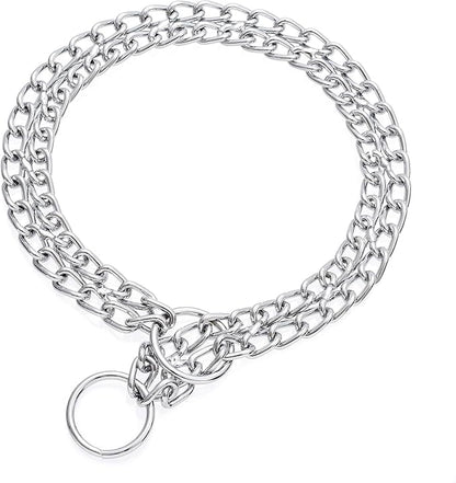 Silver Dog Choker Chain, Double Row Martingale Chain Dog Collars, Chew Proof Metal Cuban Link Slip Collar Adjustable for Small Medium Large Breed Dogs (2 Row, M)