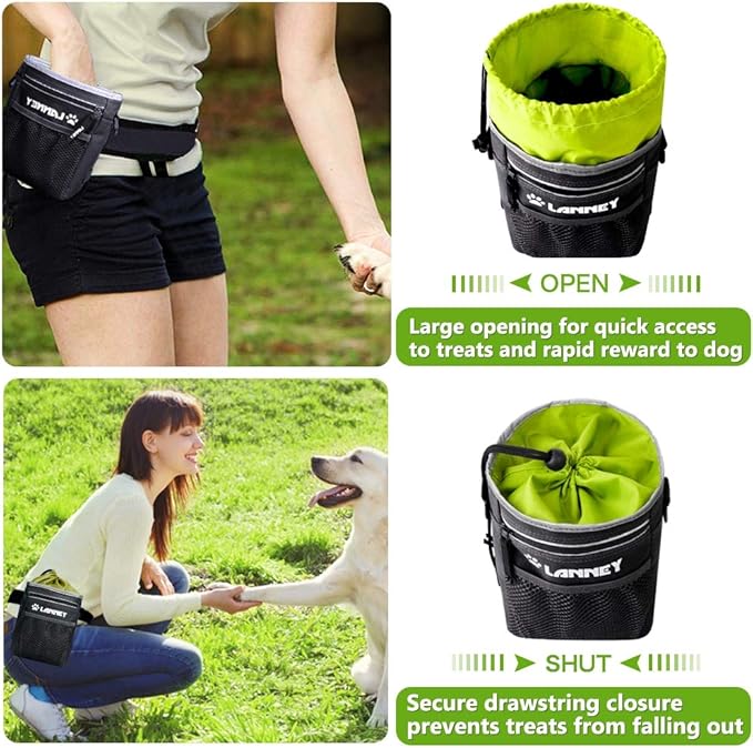 Dog Treat Pouch Pet Training Bag for Small to Large Dogs, Treat Tote Carry Kibble Snacks Toys for Training Reward Walking, Metal Clip, Waist belt, Shoulder Strap, Poop Bag Dispenser, Black with Green
