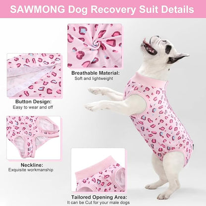 SAWMONG 2 Pack Dog Surgery Recovery Suit, Leopard Recovery Suit for Dogs After Surgery, Soft Polyester Spay Surgical Suit Female Male, Dog Onesie Body Suit Substitute Cone Alternative,2XL