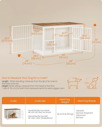 Feandrea Wooden Dog Crate Furniture, 48 Inches Heavy-Duty Kennel for Dogs up to 110 lb, with Double Doors and Enclosed Wood Base, Modern Pet Cage End Table Indoor, Rustic White and Honey Brown