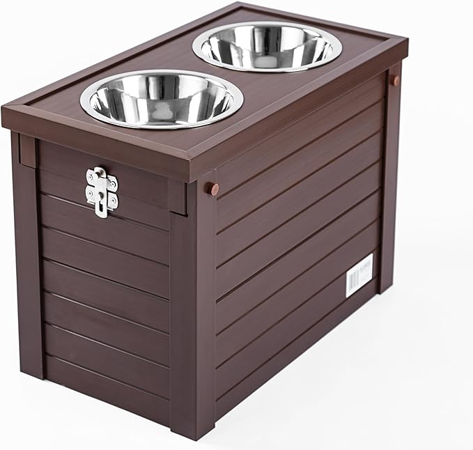 New Age Pet ECOFLEX Piedmont Fixed Height Elevated Dog Feeder in Brown, Two Bowl Design, Sliding Lid Storage, 32 oz Bowls, Space Efficient, 15-20 lbs Food Storage, Easy Clean