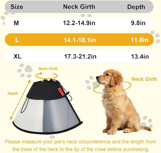 Plastic Dog Recovery Cone Collar, Soft Comfortable Breathable Post-Surgery Pet Cone, Escape-Proof, Easy Clean, Prevents Licking Wounds, Waterproof & Adjustable L (Neck 14.1"-18.1")