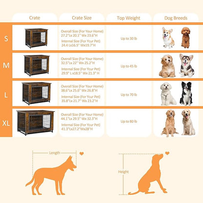 Shintenchi Dog Crate Furniture, Double-Doors Kennel Indoor with Removable Tray, End Table Dog House for Small Medium Breed, 32.5" L, Brown