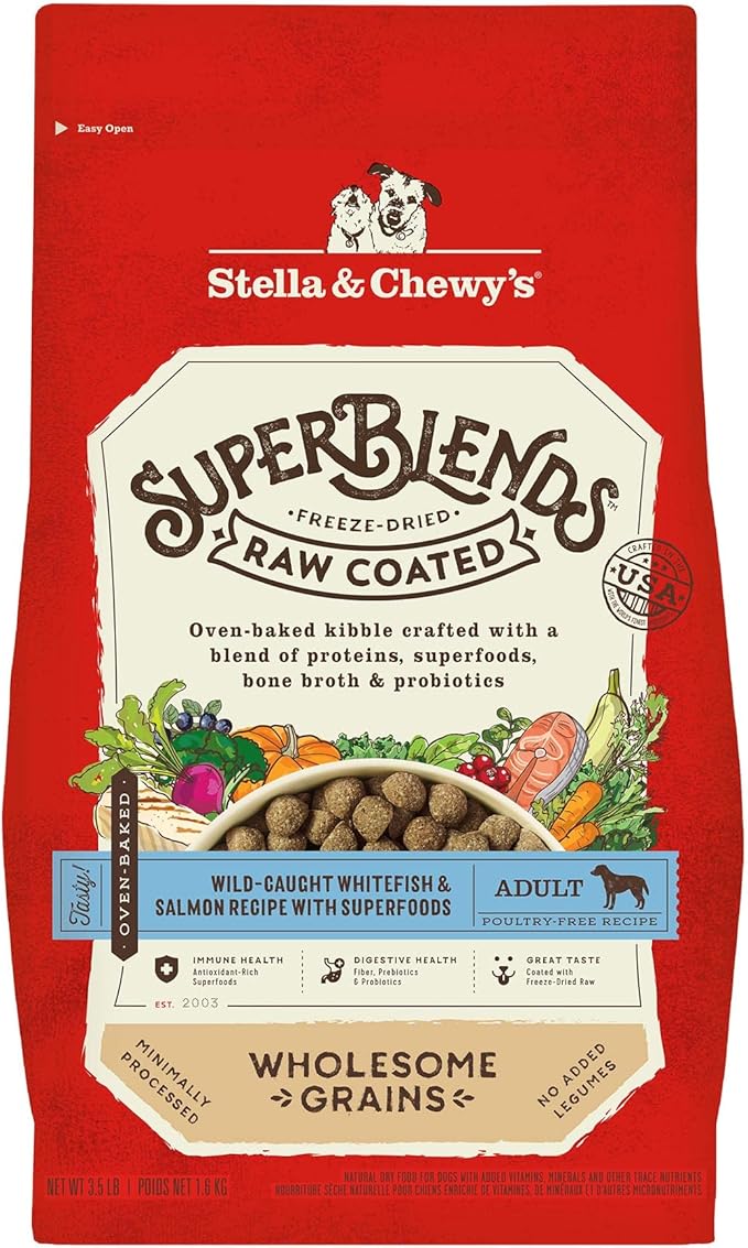 Stella & Chewy's SuperBlends Raw Coated Wholesome Grains Wild-Caught Whitefish & Salmon Recipe with Superfoods, 3.5 lb. Bag