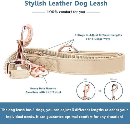 Soft Leather Dog Collar and Leash (6.6') Set - Stylish Rose Gold Heavy Duty Metal Buckle, 4 Adjustable Lengths Leash for Small Medium Large Dogs - Comfortable & Easy to Clean Beige M(13.8"-19.7")