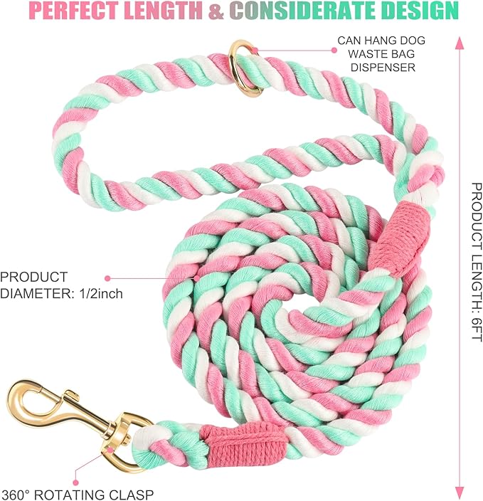 Dog Leash 6 FT Handmade Braided Cotton Rope Leashes for Small Medium and Large Dogs, New Golden Heavy Duty Metal Clasp, Cherry Blossom Pink