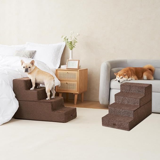 EHEYCIGA Dog Stairs for Bed 20" H, 4-Step Extra Wide Dog Steps for High Bed, Pet Steps for Small Dogs and Cats, Non-Slip Balanced Pet Ramp Indoor, Brown