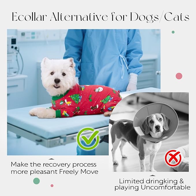 Dog Surgery Recovery Suit for Female Male Dogs, Christmas Dog Onesie Pajamas with Long Sleeve, Xmas Cat Abdominal Wound Bandages Surgical Suit for Shedding Skin Disease