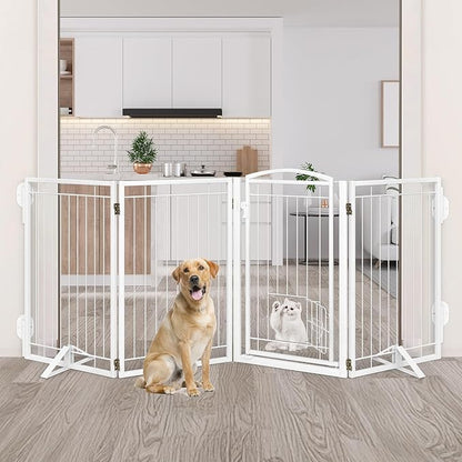 Metal Freestanding Dog Gate with Cat Door for Indoor/Outdoor,80" Extra Wide Foldable Pet Gate,32" Tall Foldable Indoor Dog Fence for Large Openings Stairs,Deck,Yard,Doorways(4 Panels,White)