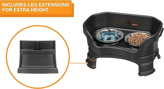 Neater Feeder Deluxe Mess-Proof Elevated Cat Bowls, 2 Height Adjustable (6” & 7.5”) No-Spill Raised Cat Bowl Stand, Whisker Friendly Stainless Steel Dishes for Indoor Cats, Made in USA, Black