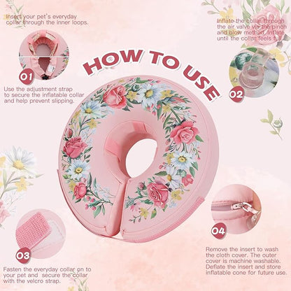 IEUUMLER Inflatable Recovery Dog Cone Collar, Neck Donut Protective ECollar, Adjustable Soft Collar for Dog and Cat After Surgery Prevent from Biting & Licking EU020 Floral Wreath M+