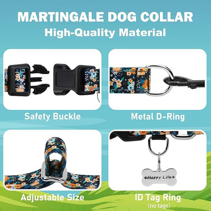 Reflective Martingale Dog Collar with Buckle Soft Nylon Floral No Slip Dog Collars for Small Dogs (Black Orange Flowers, S)