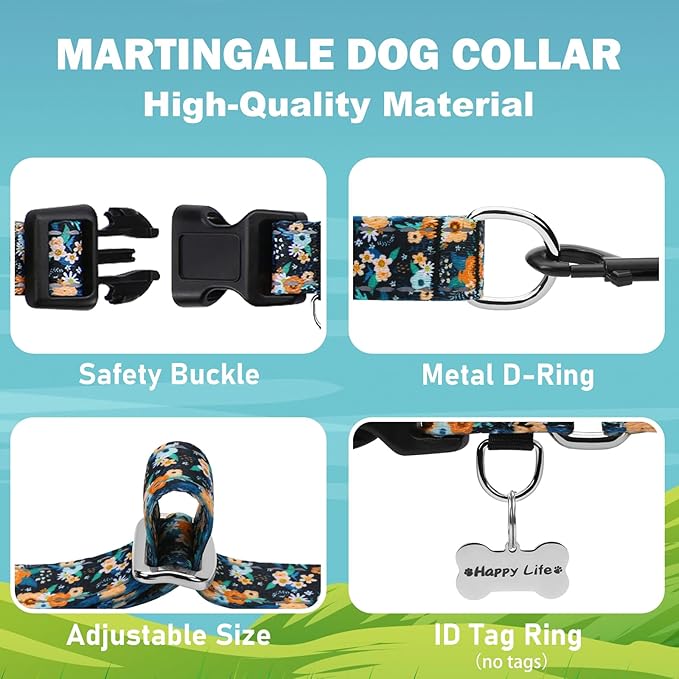 Reflective Martingale Dog Collar with Buckle Soft Nylon Floral No Slip Dog Collars for Puppy Dogs (Black Orange Flowers, XS)