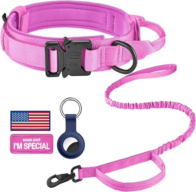 DAGANXI Tactical Dog Collar, Adjustable Military Training Nylon Dog Collar with Control Handle and Heavy Metal Buckle for Medium and Large Dogs, with Patches and Airtags Case (M, Pink-Set)