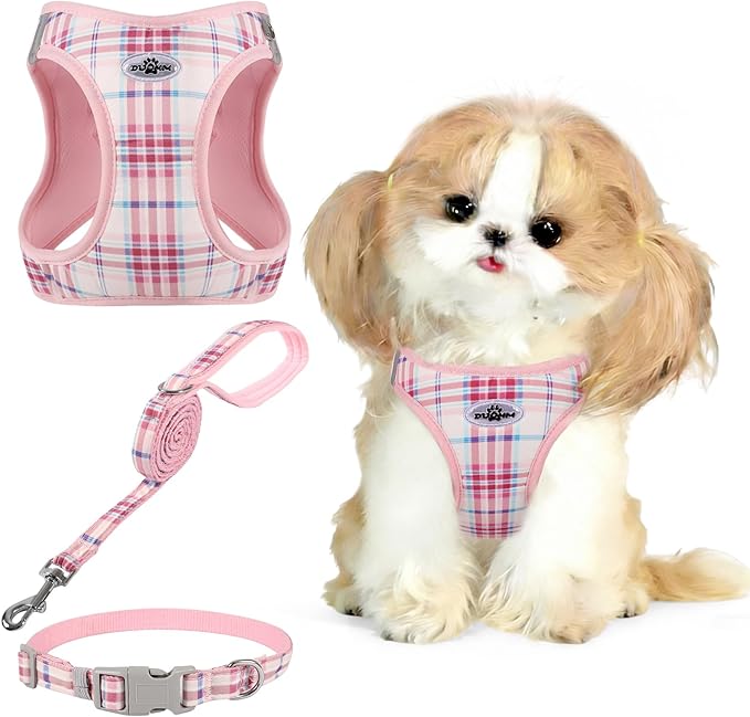Gyuzh Dog Harness and Leash Set for Puppies - 3 Piece Step in No Pull Vest & Collar, Extra Small Kitten Harness, Breathable Reflective Plaid, Padded Leash (Pink, S)