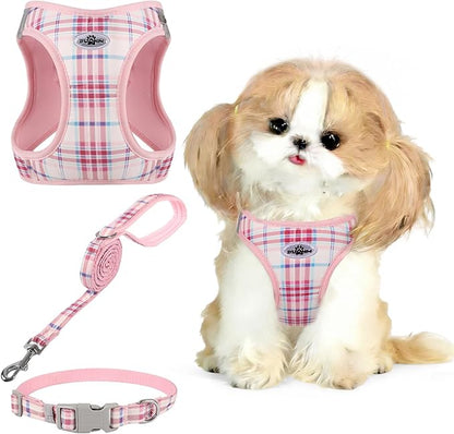 Gyuzh Dog Harness and Leash Set, 3-in-1 Step in No Pull Harness Vest Collar for Small Dogs & Cats, Lightweight Breathable Mesh Reflective Plaid with Padded Handle (Pink, L)
