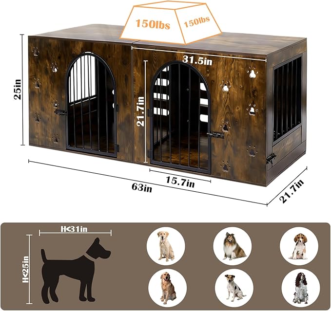 63" Dog Crate Furniture for 1 or 2 Dogs, Heavy Duty Single/Double Dog Kennel with Bowls, Farmhouse Wood Metal Dog Cage for Small/Medium/Large Dogs, Brown