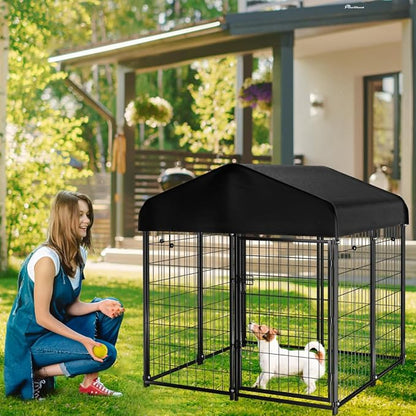 Dog Kennel Outdoor with Roof, 4'x4.2'x4.5' Welded Wire Dog Enclosures for Outside, Heavy Duty Dog Crate with UV-Resistant Waterproof Cover